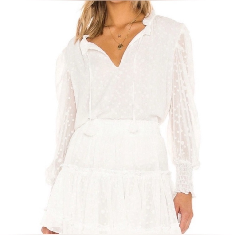 Misa Los Angeles SET White Swiss Dot Sheer Blouse with Matching Mini Skirt
